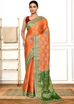 Orange Zari Woven Saree In Kanjivaram Silk