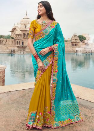 Yellow & Blue Embroidered Half N Half Saree