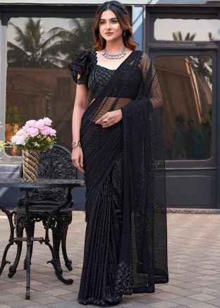 Black Embroidered Saree In Net
