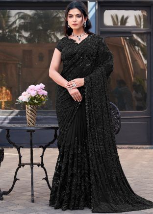 Black Embroidered Saree In Art Silk