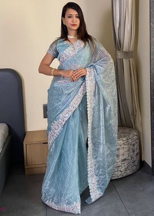 Blue Embroidered Art Silk Saree