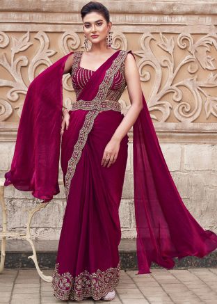 Pre-Stitched Wine Embellished Satin Silk saree