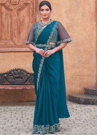 Blue Pre-Stitched Embellished Crape Saree