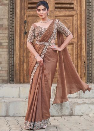 Brown Embellished Pre-Stitched Satin Saree