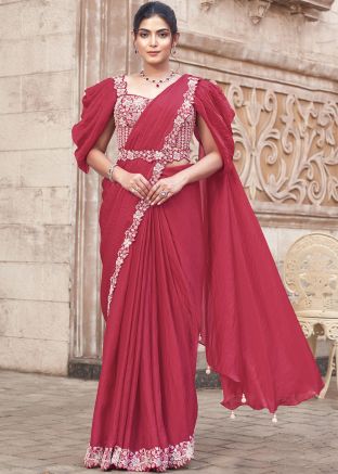 Maroon Satin Embellished Pre-Stitched Saree