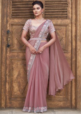 Mauve Pink Embellished Pre-Stitched Saree