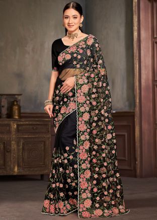 Black Embroidered Saree In Net
