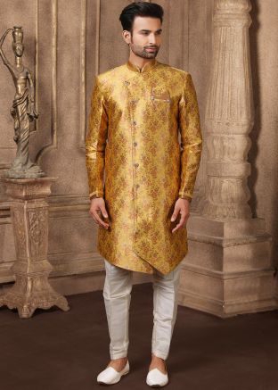 Yellow Readymade Asymmetric Floral Sherwani For Men