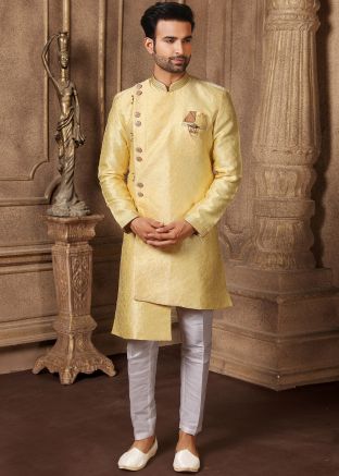 Yellow Woven Readymade Asymmetric Sherwani