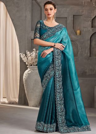 Shaded Teal Blue Embroidered Border Saree