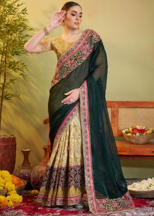 Green & Yellow Embroidered Half N Half saree