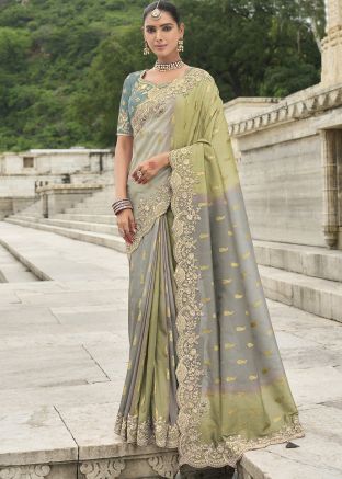 Grey & Green Embroidered Border Saree