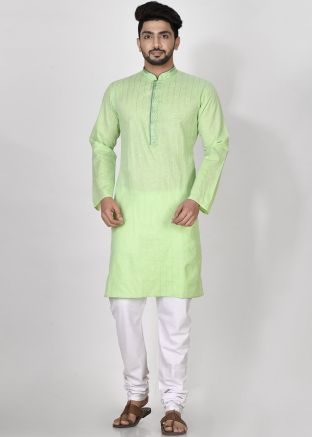 Green Embroidered Kurta Pajama Set In Cotton