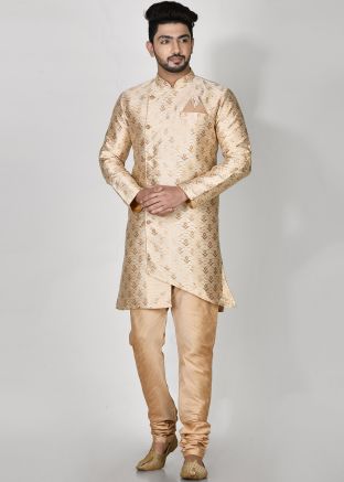 Cream Woven Indo Western Sherwani In Jacquard