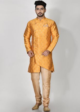 Yellow Woven Indo Western Sherwani With Churidar