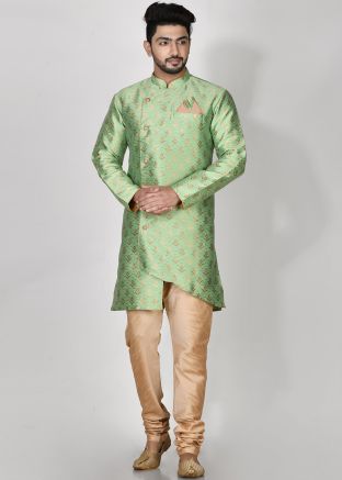 Green Woven Jacquard Indo Western Sherwani Set