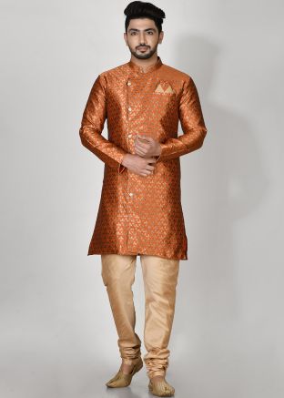 Orange Printed Indo Western Sherwani In Jacquard