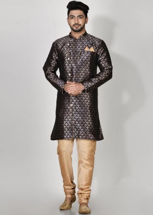 Navy Blue Indo Western Sherwani In Printed Design