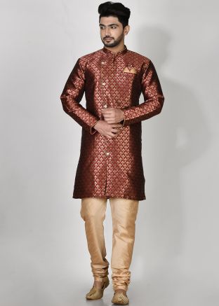 Printed Indo Western Sherwani Set In Maroon