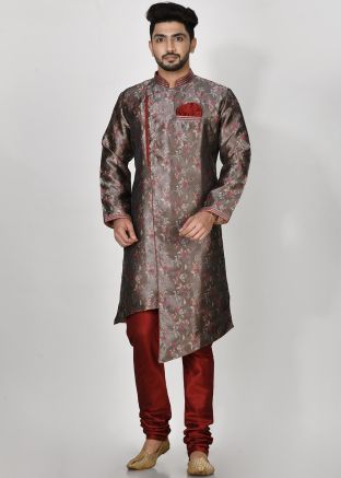 Grey Embroidered Indo Western Sherwani Set