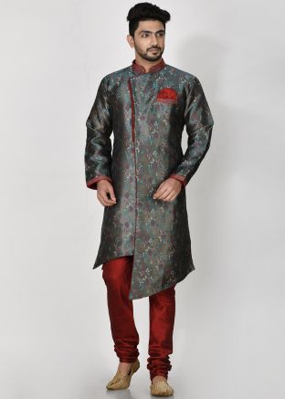 Embroidered Indo Western Sherwani In Green