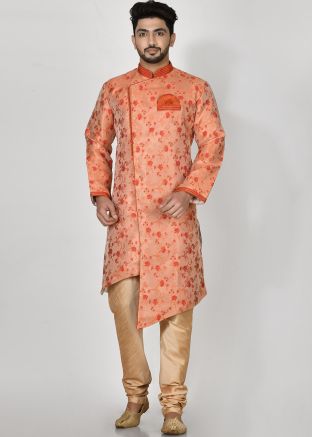 Orange Asymmetric Indo Western Sherwani Set