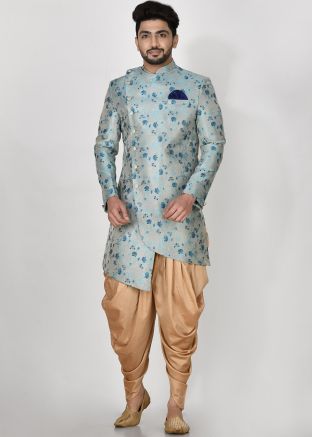 Blue Embroidered Indo Western Sherwani With Dhoti