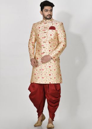 Readymade Cream Indo Western Sherwani With Dhoti