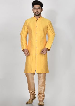 Yellow Kurta Pajama With Red Printed Nehru Jacket
