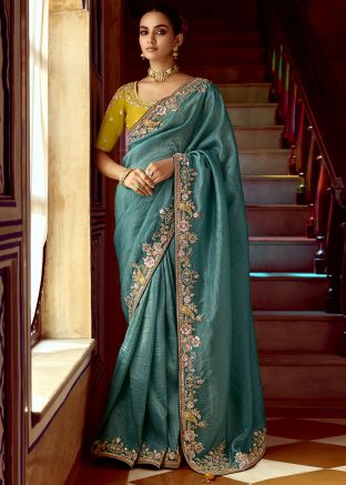 Blue Sequin Work Saree In Silk