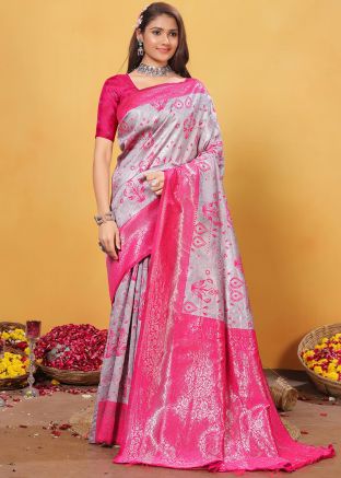 Grey Zari Woven Saree In Art Silk