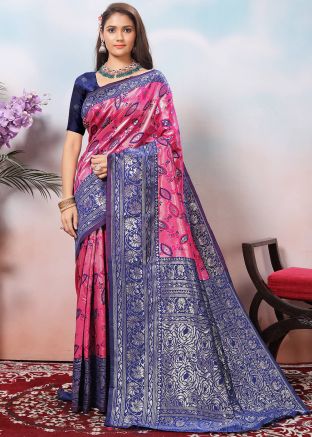 Pink Woven Art Silk Saree & Blouse