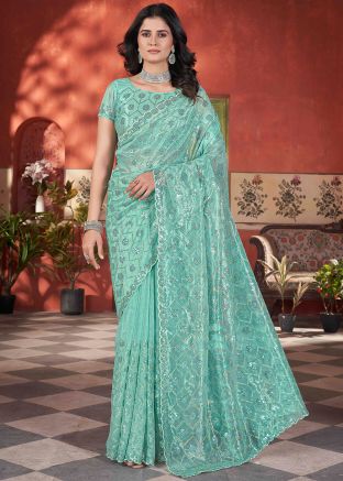 Turquoise Embellished Tissue Saree