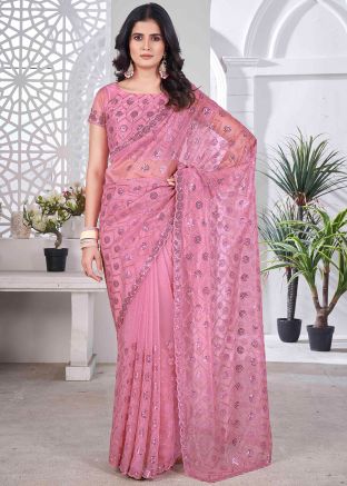 Pink Embroidered Saree In Tissue