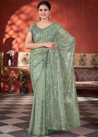 Sage Green Embellished Saree In Tissue