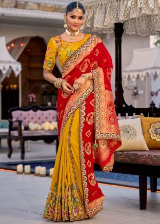 Yellow Half N Half Embrodiered Silk Saree