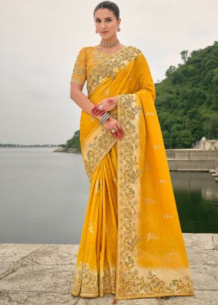 Yellow Embroidered Dola Silk Saree