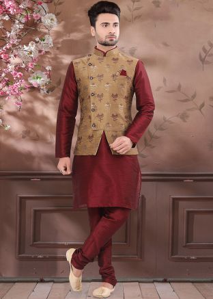 Beige Woven Nehru Jacket In Brocade