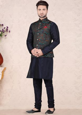 Jacquard Woven Nehru Jacket In Navy Blue