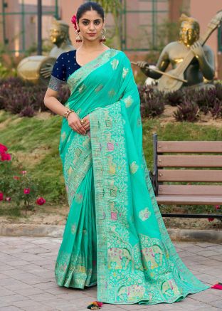 Turquoise Art Silk Zari Woven Saree
