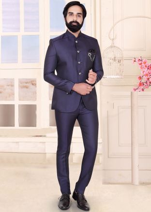 Blue Plain Readymade Bandhgala Jodhpuri For Men
