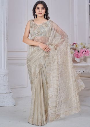 Beige Embroidered Jacquard Saree
