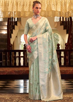 Mint Green Satin Silk Zari Woven Saree