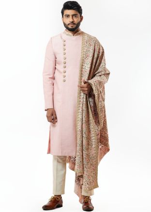 Pink Readymade Silk Sherwani With Embroidered Stole