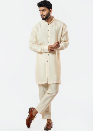 Plain Cream Readymade Mens Kurta With Pajama
