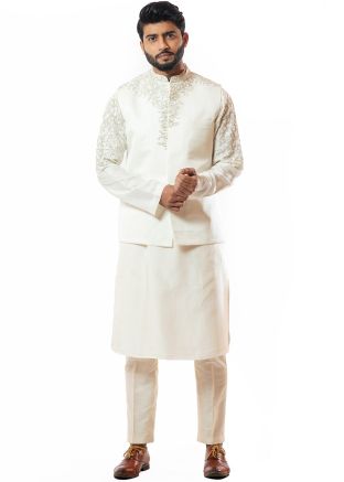 Embroidered Nehru Jacket With White Kurta Pajama 