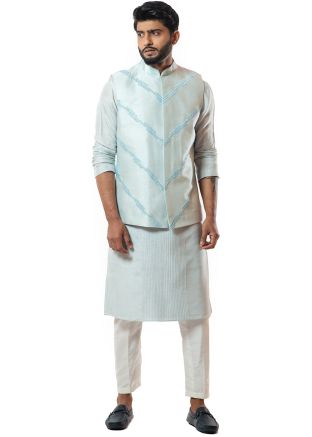 Straight Blue Readymade Kurta With Nehru Jacket 