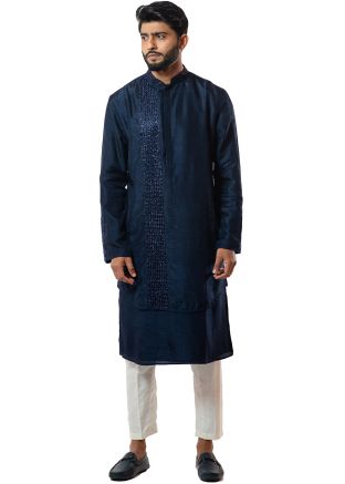 Blue Twin Layered Readymade Kurta Pajama In Silk