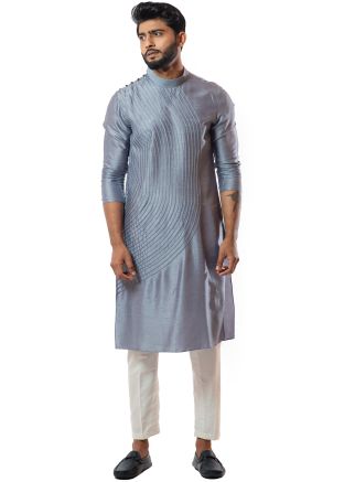 Embroidered Grey Silk Kurta With Readymade Pajama