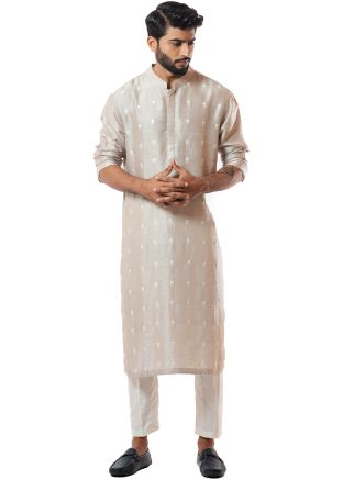 Beige Readymade Embroidered Kurta With Pajama